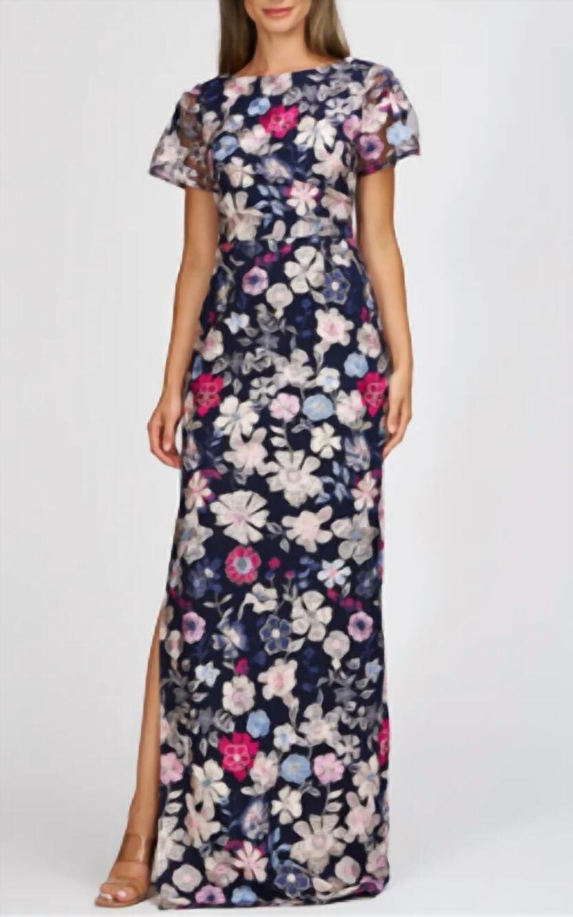 NEW JS COLLECTIONS magnolia pleat-sleeve gown in navy multi